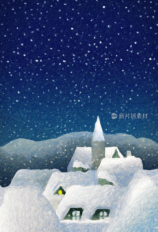 画冬村景观夜雪插画