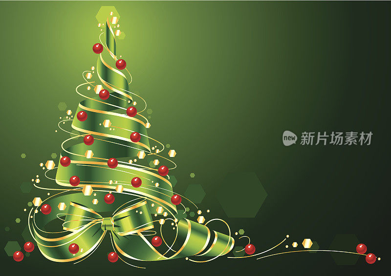 绿色背景上的丝带圣诞树