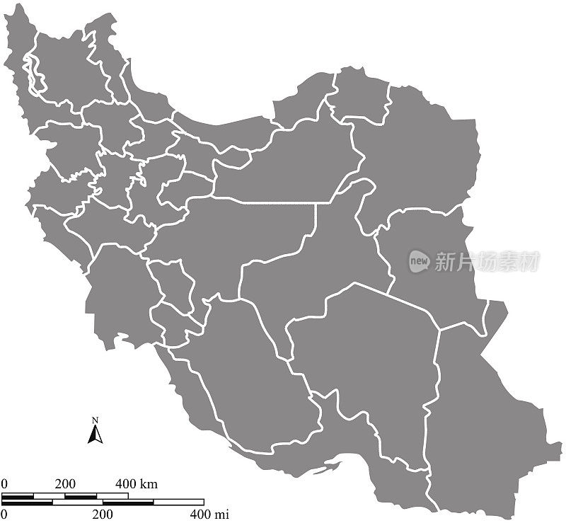 伊朗地图轮廓矢量与比例尺英里和公里