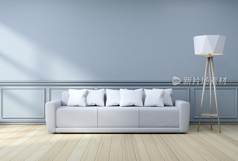 极简主义的室内设计，浅灰色沙发与灯在灰色框架墙和硬木地板，3d渲染