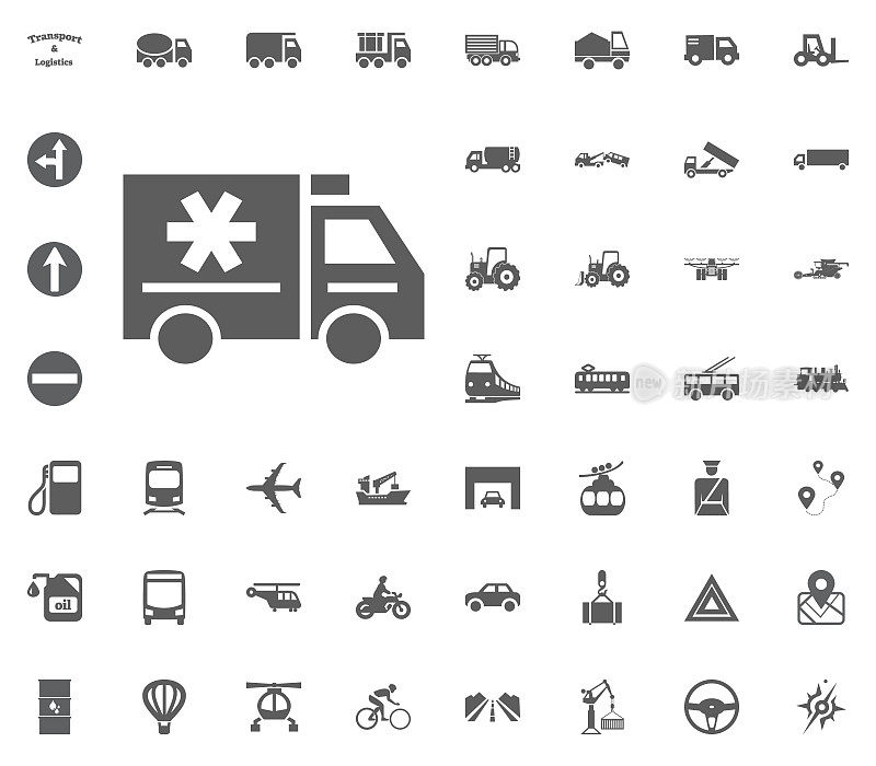 医疗车图标。运输和物流设置图标。交通设置图标
