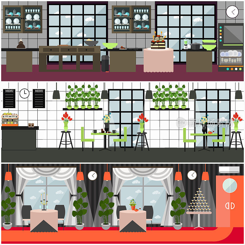 矢量餐厅和咖啡厅内部设置在平面风格的设计