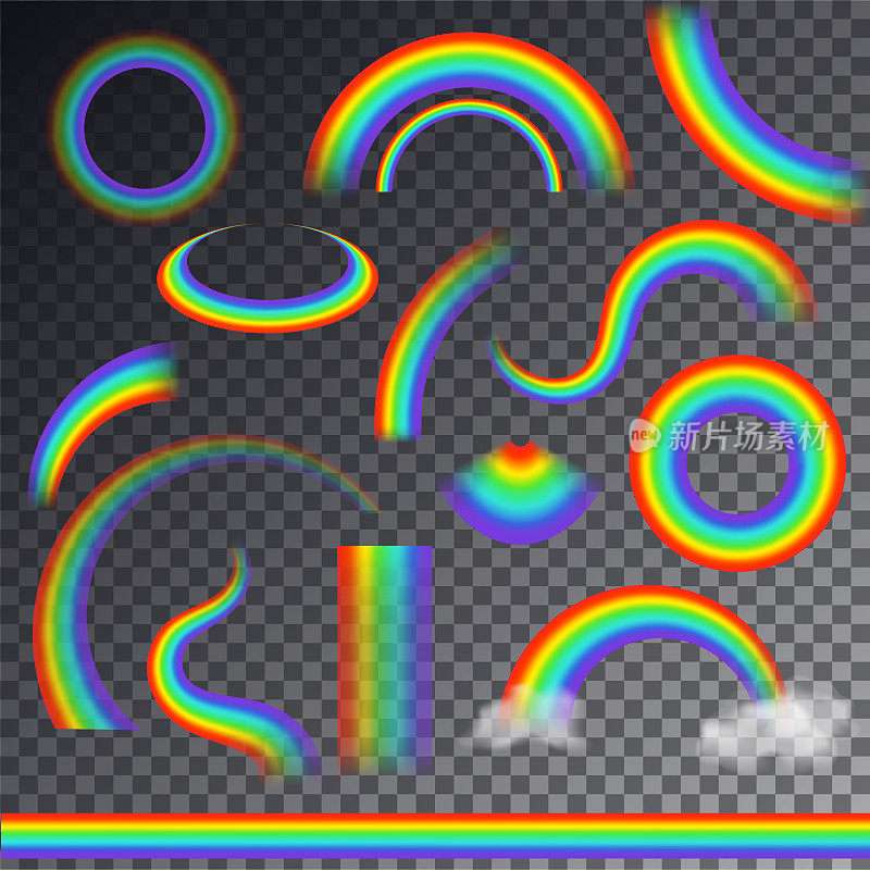彩虹矢量彩色弓形弧在下雨的天空，彩色卡通拱门或弓光谱的颜色与雨云插图孤立在透明的背景