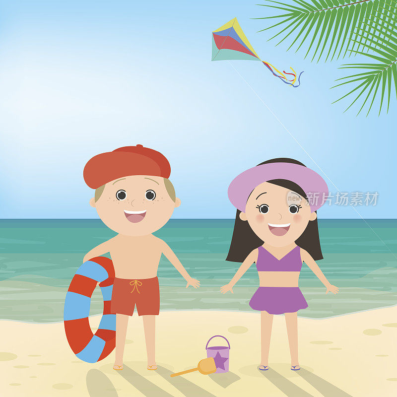 夏天海滩度假。男孩和女孩在海滩上。海洋景观，矢量卡通