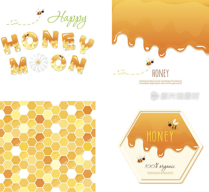 蜂窝无缝图案背景，融化流动的蜂蜜，蜜月信等设计样品。孤立在白色的。