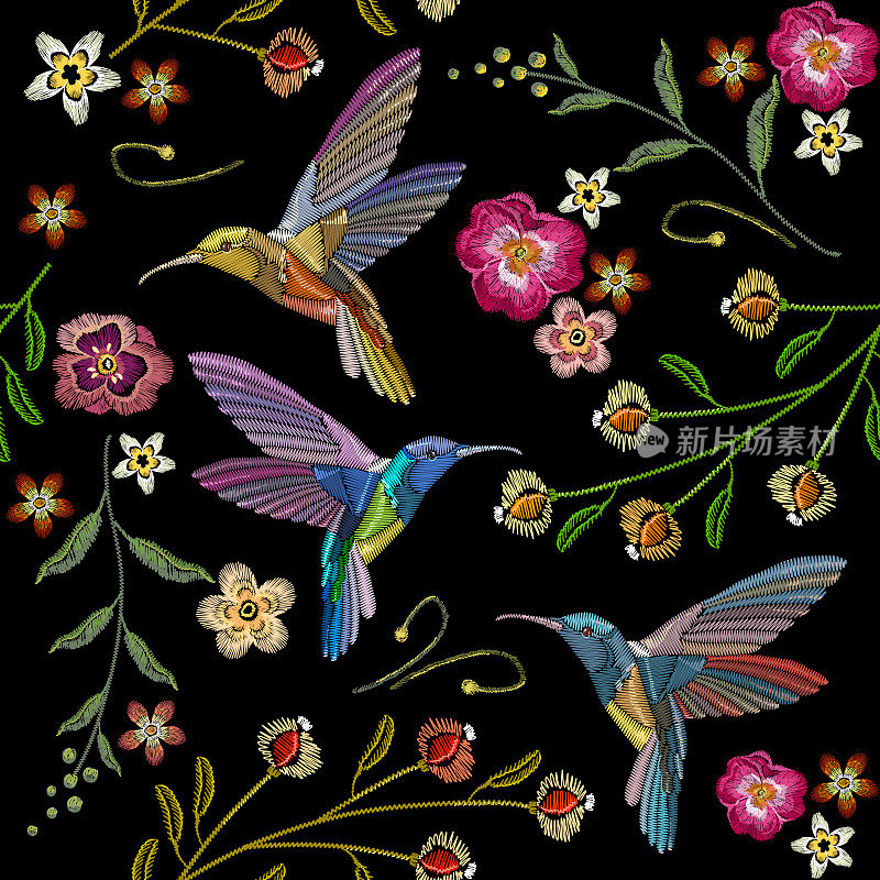 美丽的蜂鸟和奇异的花朵刺绣在黑色的背景。服装，纺织品，t恤设计的模板。蜂鸟和热带花卉刺绣无缝图案