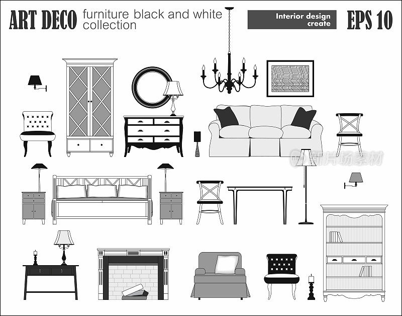 一套客厅家具。装饰艺术收藏。现代设计室内元素:沙发、床、壁灯、配件、灯具、吊灯、落地灯、扶手椅、桌子、衣柜、橱柜、壁炉。向量