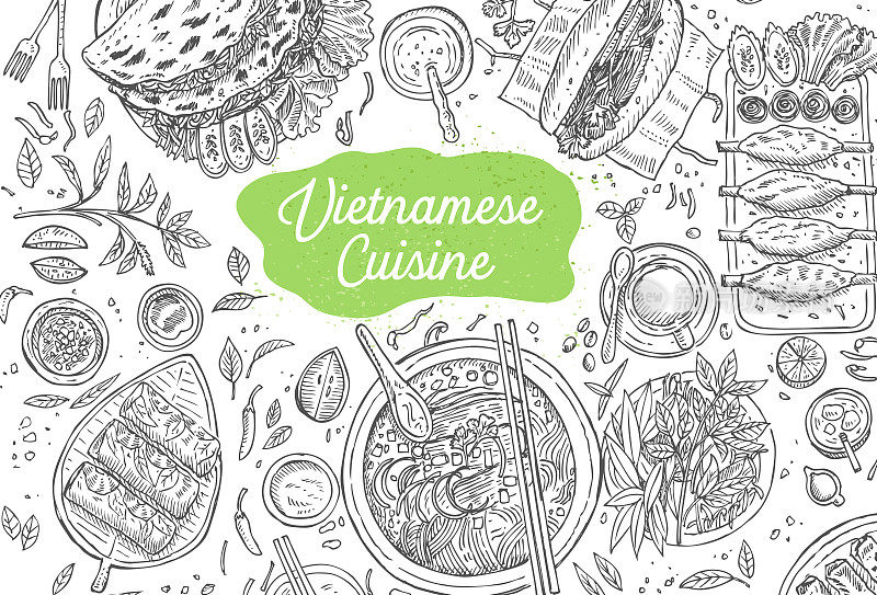 手绘俯视图传统越南食物，矢量插图