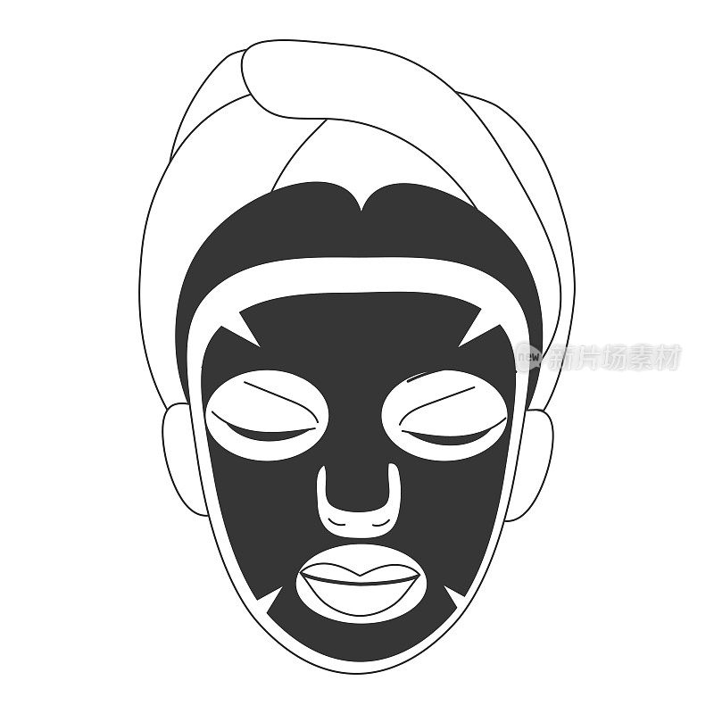 矢量插图化妆品脸护理在线条艺术风格:女人的脸与黑色床单面具上。黑色面膜可以是火山面膜、黑珍珠面膜或木炭面膜，用于皮肤深层毛孔护理。