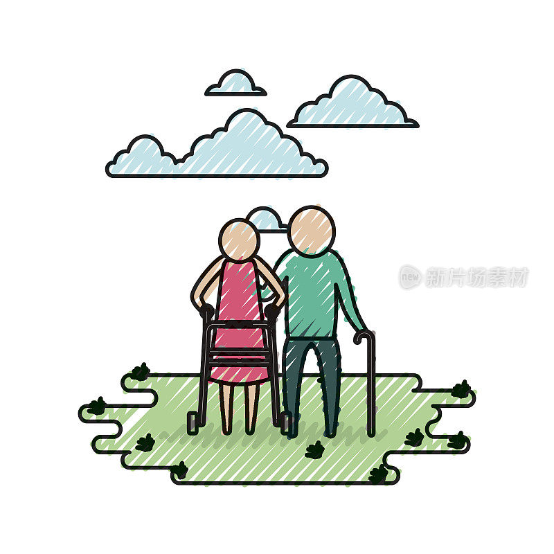 彩色蜡笔剪影天空景观和草与象形文字老年夫妇在草与拐杖
