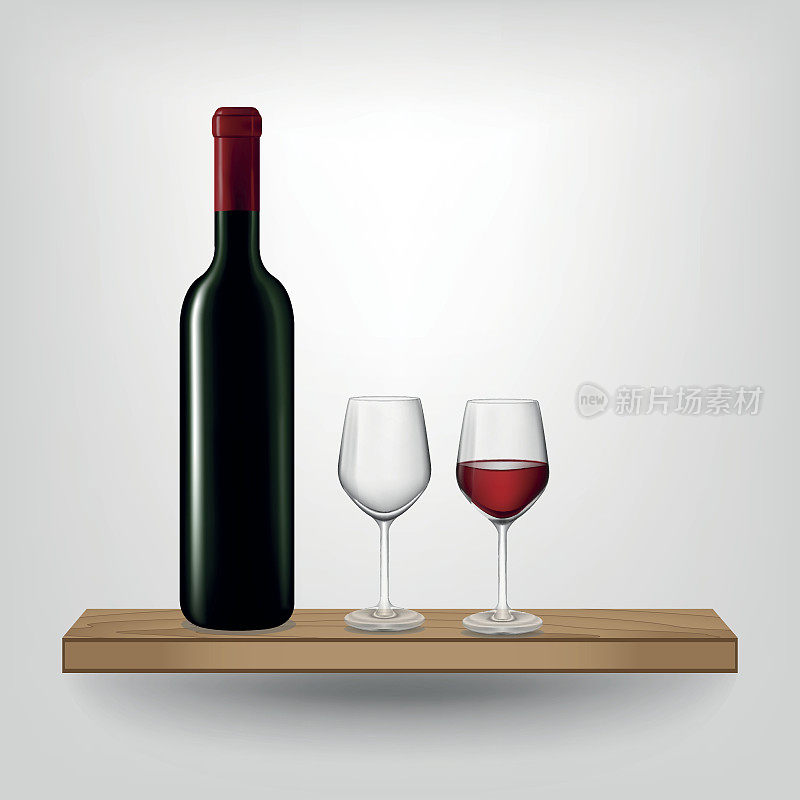 木架上的红酒瓶子和玻璃杯