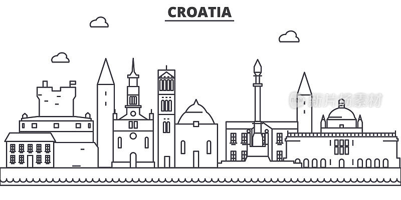 克罗地亚建筑线天际线插图。线性向量的城市景观与著名的地标，城市景观，设计图标。风景与可编辑的笔触