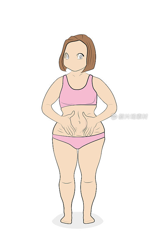 丰满的女人显示出她的丰满。减肥的概念。矢量插图。