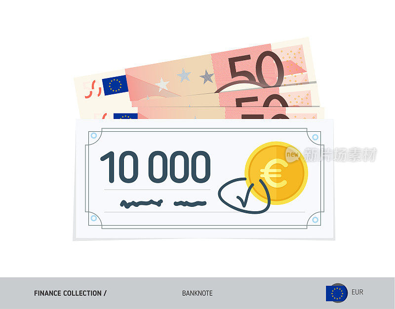 50欧元纸币的银行支票。平面风格矢量插图。金融的概念。