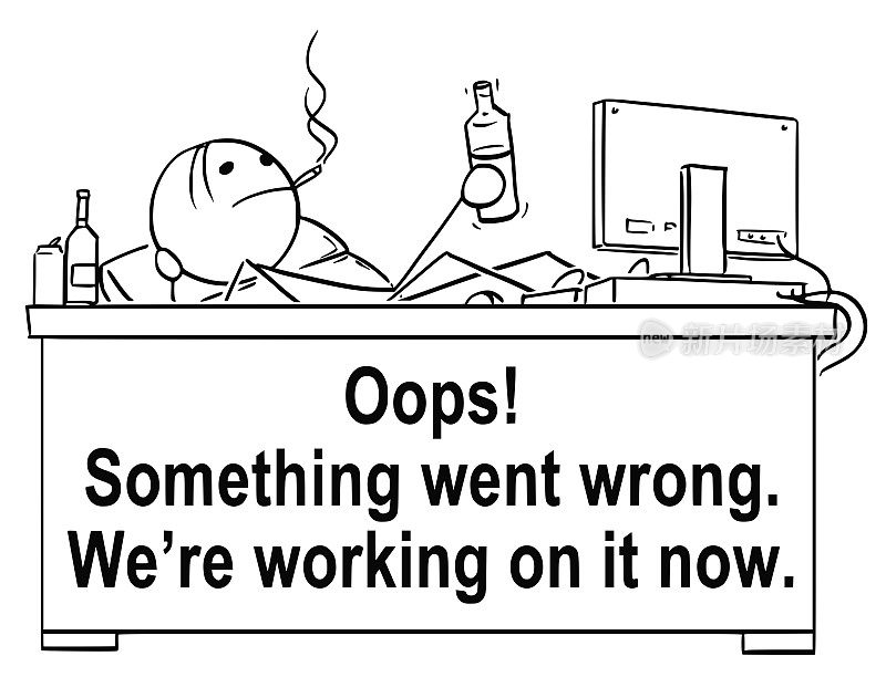 卡通画的程序员坐在桌子上的腿和喝酒和吸烟。短信出问题了