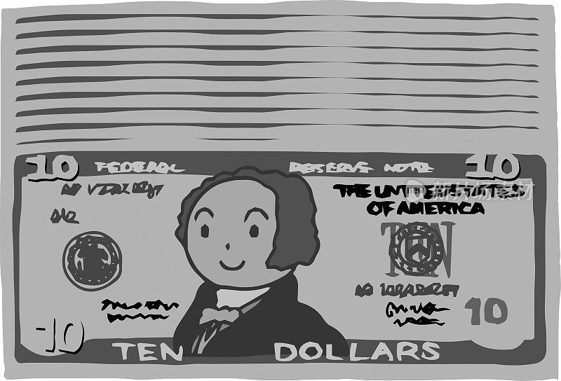 黑白一束可爱的手绘10美元钞票