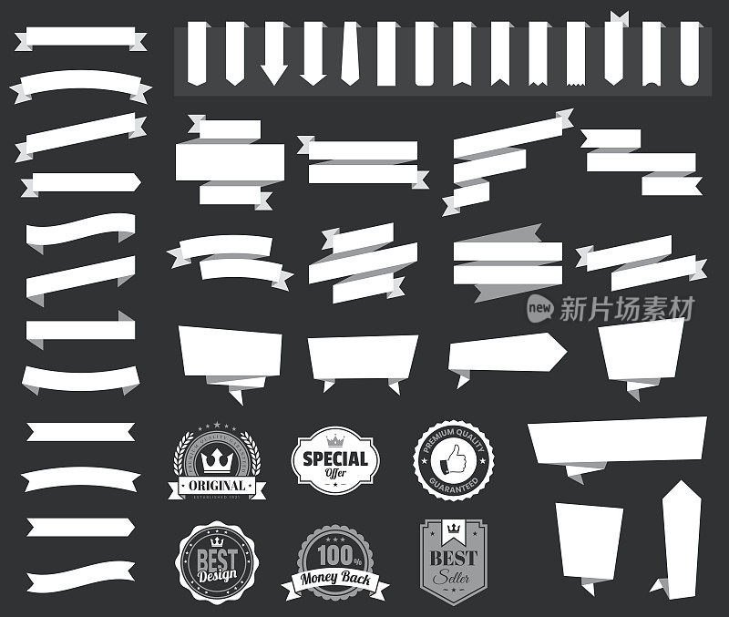 一套白色丝带，横幅，徽章，标签-设计元素在黑色的背景