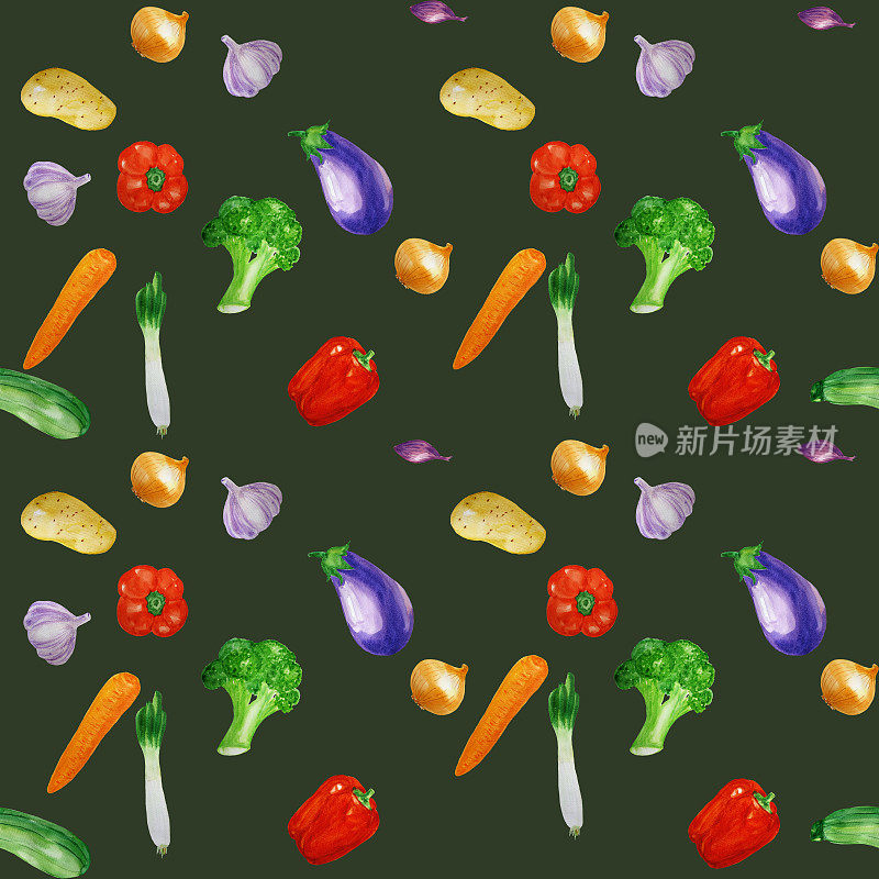 无缝图案与手绘成熟有机蔬菜。食品的背景。用于包装纸，烹饪书，网页背景