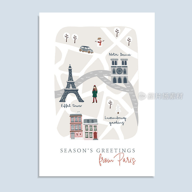 可爱的圣诞贺卡，邀请与巴黎地图。手绘法国街道、房屋、巴黎圣母院和埃菲尔铁塔。冬季设计与温暖的穿着女孩。背景矢量图