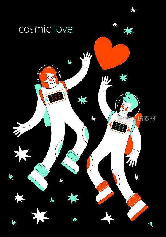 宇航员在外太空穿梭于各个星球之间。一个男人和一个女人伸手去拿红心。贺卡或横幅为情人节。流行色彩葱郁熔岩和薄荷水。宇宙的爱。宇航员