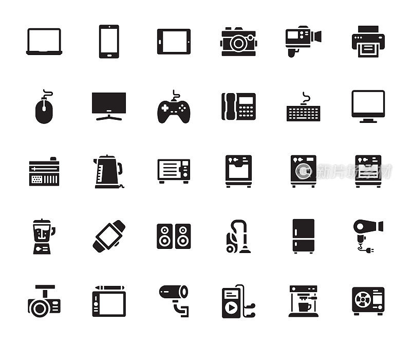 简单的一组电子设备相关的矢量图标。符号集合