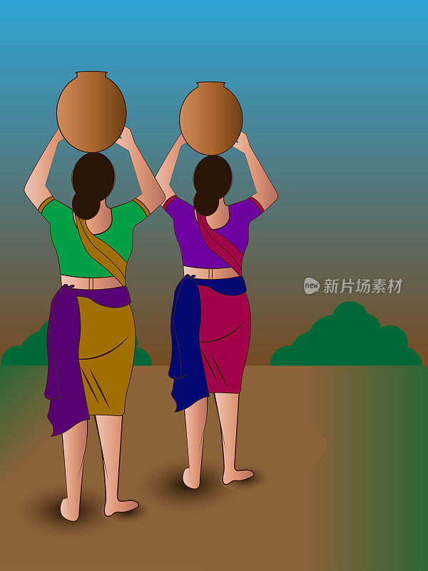 印度农村妇女用她们的陶土器皿取水。