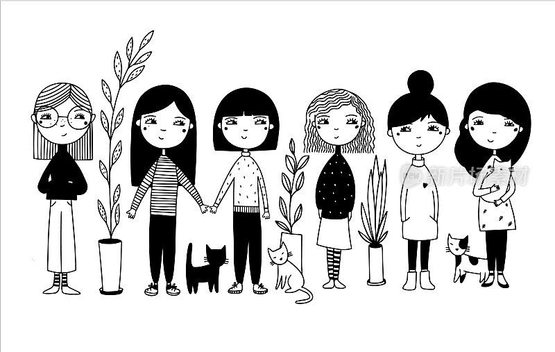 女孩猫和植物插图