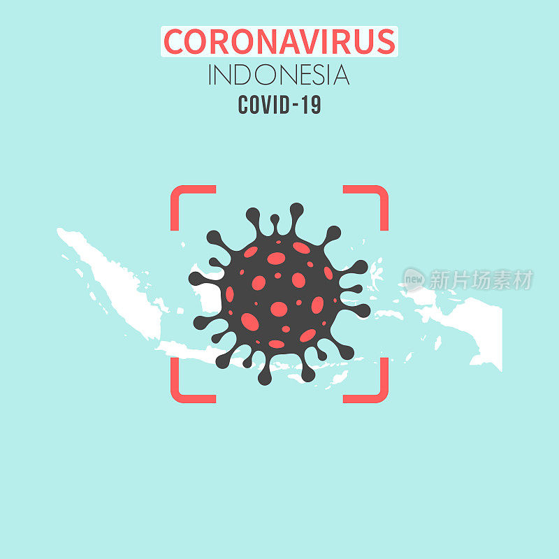 印度尼西亚地图，红色取景器中有冠状病毒(COVID-19)细胞