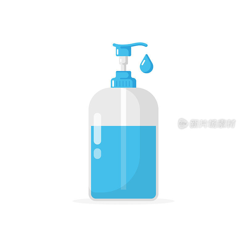 液体肥皂和分配器图标。洗手的肥皂，消毒剂，卫生概念平面设计的白色背景。