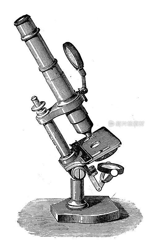 科学发现、实验和发明的古董插图:光学、显微镜和放大镜