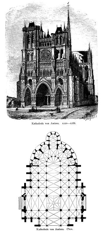 亚眠大教堂木刻，亚眠，法国，正面和平面图