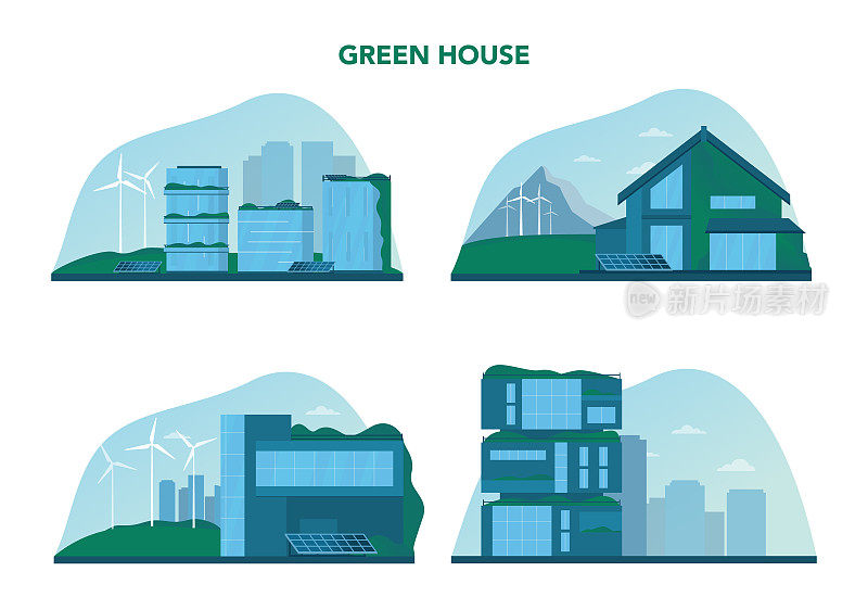 生态学概念集。垂直森林和绿色屋顶的生态友好型住宅建筑。