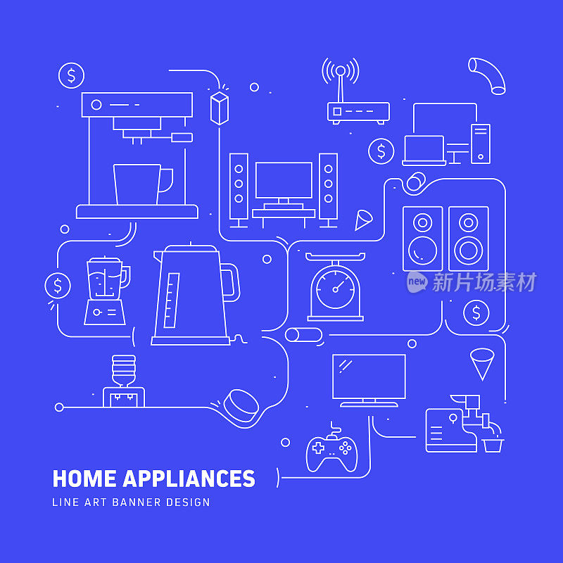 家用电器相关的现代线条风格矢量插图
