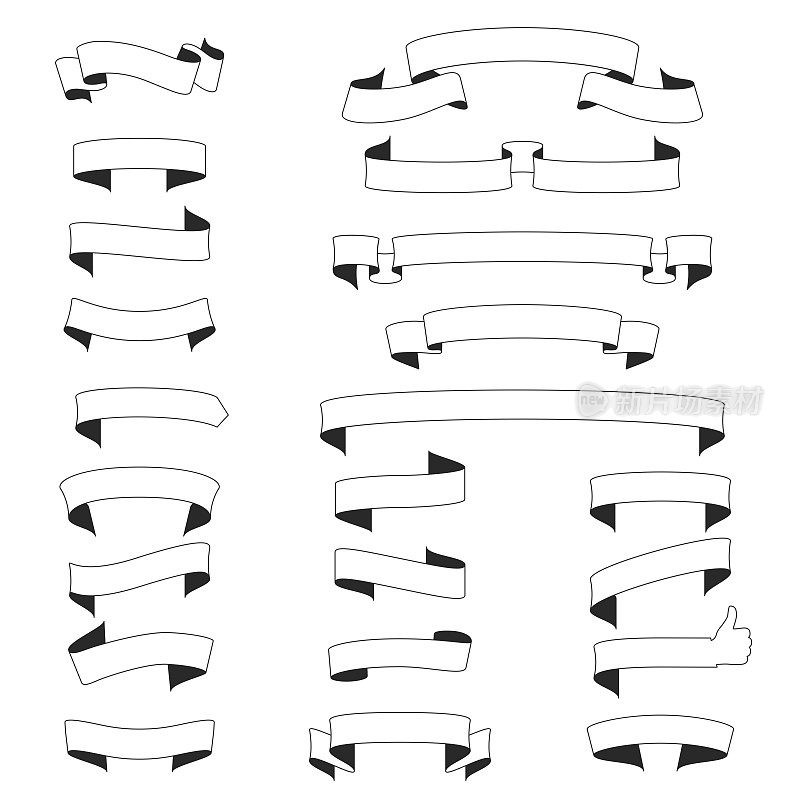 一套丝带，横幅(轮廓，线条艺术)-设计元素在白色的背景