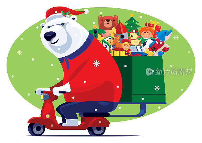 快乐的圣诞老人北极熊带着玩具踏板车