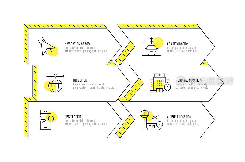 信息图表设计模板。导航箭头，汽车导航，方向，医院位置，GPS跟踪，机场位置图标6个选项或步骤。