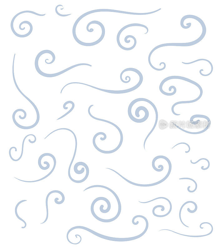 风格化雪漩涡和风吹的向量集。淡蓝色清凉流畅的线条装饰。