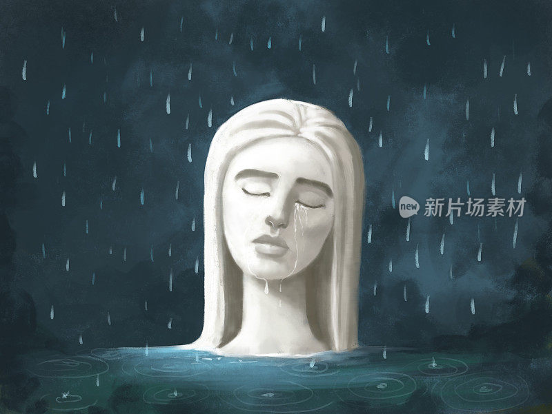 一个女人的脸站在水里在雨中哭泣的雕像的插图。痛苦，孤独的痛苦，悲伤，心理问题