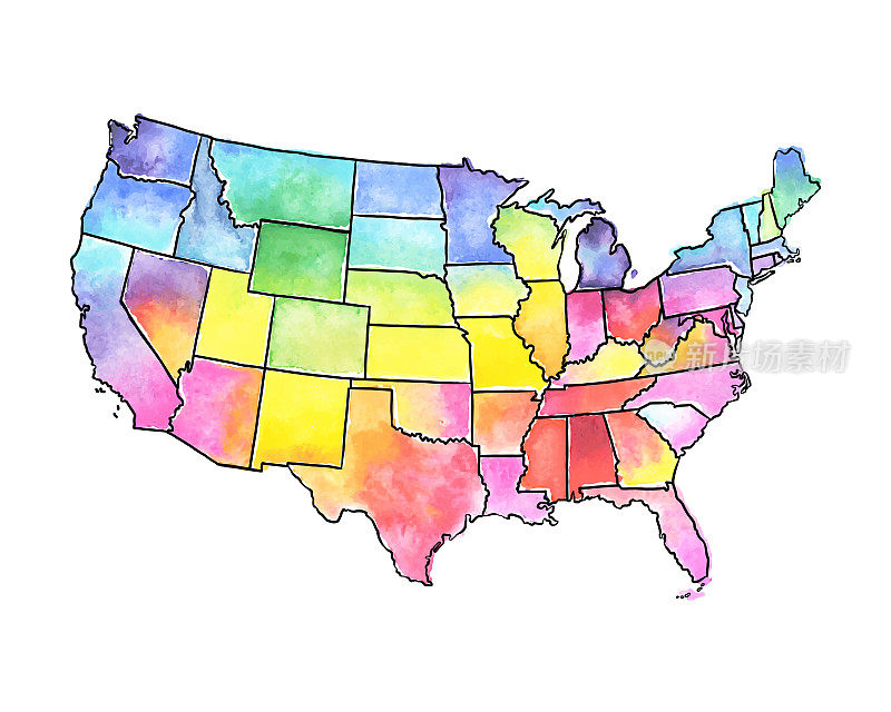 美国地图与国家边界水彩和钢笔插图。向量EPS10插图