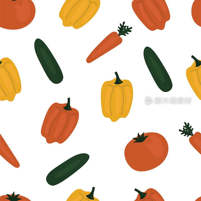 用黄瓜，胡萝卜，辣椒，红辣椒做成简单的无缝搭配。蔬菜、维生素、素食、健康饮食、饮食、零食、收获。平面风格的插图