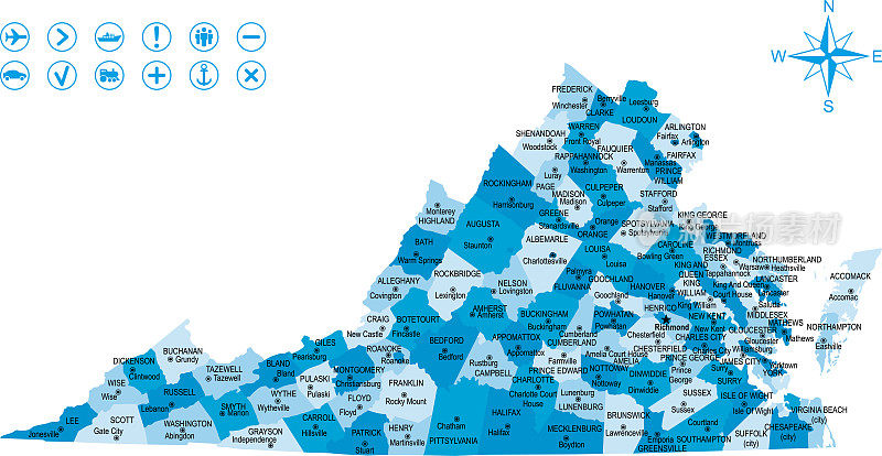 弗吉尼亚州地图与图标和键