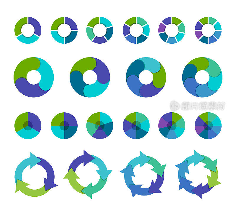 彩色饼图收集3,4,5,6和7,8个部分或步骤