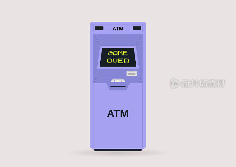 银行账户余额为负，自动取款机屏幕上写着“游戏结束”，全球金融危机，加密货币崩溃