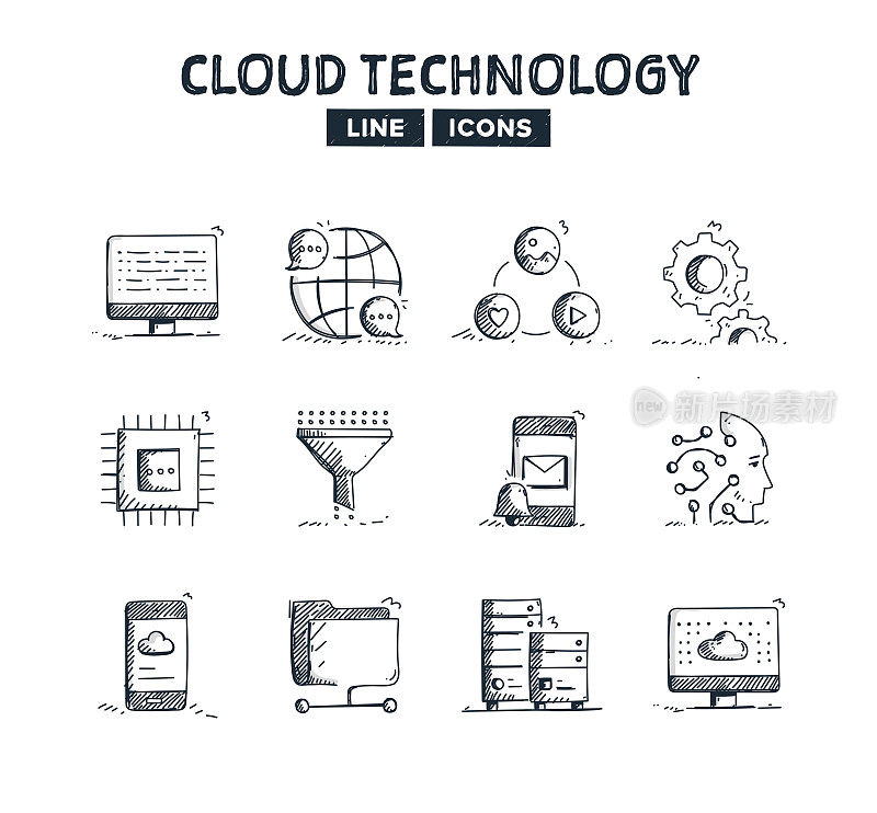 云技术手绘线图标集和草图设计