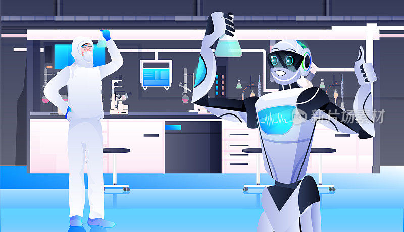 机器人和穿着防护服的男科学家在实验室进行基因工程人工智能实验