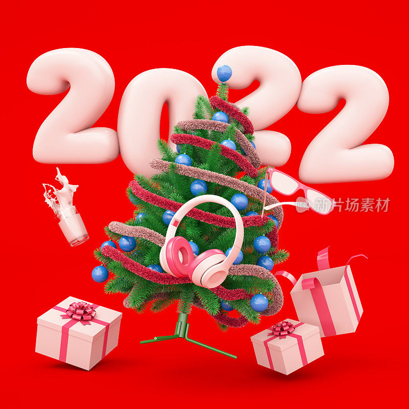 2022年圣诞树与礼物的红色背景