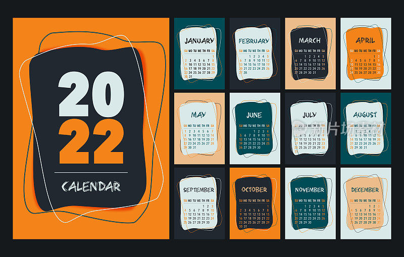 挂历2022模板，橙色、绿色、桃色、白色和黑色的桌面挂历设计。从周日开始，带上计划簿、文具、挂历。矢量图