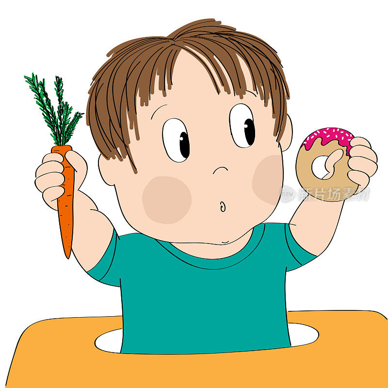 疑神疑鬼的小男孩对食物的思考，试图决定吃什么——无论是健康的还是不健康的食物——原创手绘卡通插图
