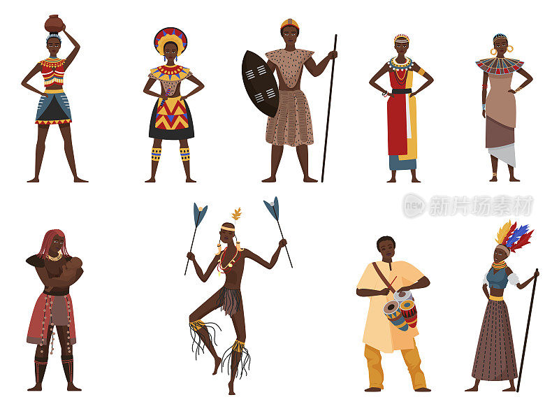 非洲部落的人，土著村落的种族设定，男人女人穿着部落民族的服装