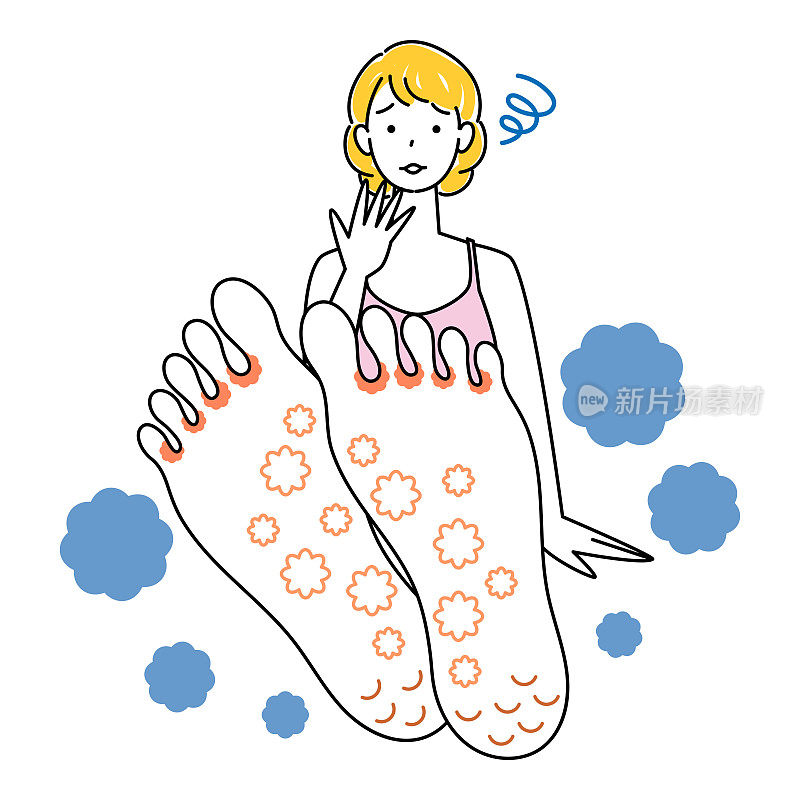 可爱的女人伤心，她的脚已经成为一个水虫向上插图皮肤护理向量。一个漂亮的女人，因为她的脚有香港脚而伤心。盘腿而坐。插图。向量。